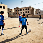 A vibrant scene featuring young Palestinian athletes, both boys and girls, fully clothed in modest sports uniforms, passionately playing football on a rustic, dusty community pitch. The background showcases a blend of established and newly emerging community buildings, symbolizing resilience and the enduring spirit of hope. The image captures the dynamic energy and unified determination of the players, highlighting their dedication to sports as a source of national identity and psychological relief. perfect anatomy, correct proportions, natural pose, well-formed hands, proper finger count, natural body proportions, professional sports photography, high quality, realistic, safe for work, appropriate content, family-friendly.