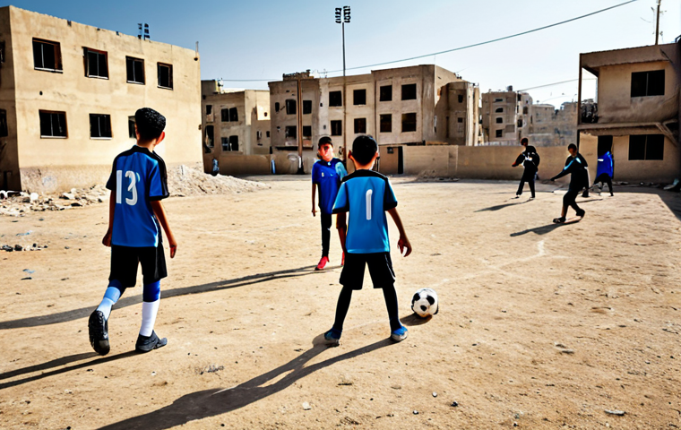 A vibrant scene featuring young Palestinian athletes, both boys and girls, fully clothed in modest sports uniforms, passionately playing football on a rustic, dusty community pitch. The background showcases a blend of established and newly emerging community buildings, symbolizing resilience and the enduring spirit of hope. The image captures the dynamic energy and unified determination of the players, highlighting their dedication to sports as a source of national identity and psychological relief. perfect anatomy, correct proportions, natural pose, well-formed hands, proper finger count, natural body proportions, professional sports photography, high quality, realistic, safe for work, appropriate content, family-friendly.