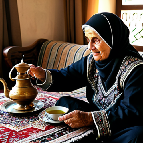 Home 25 **A dignified elderly Palestinian woman, fully clothed in a modest, beautifully embroidered traditional Palestinian thobe, is gracefully seated in a warm, inviting traditional Palestinian living room. Sunlight streams through a window, highlighting authentic rugs and earthy decor. A steaming traditional brass tea kettle sits on a carved wooden side table. She is holding a small, decorated glass of 'Shai بالنعناع' (mint tea) with both hands, offering a gentle, welcoming gesture. The scene embodies hospitality and cultural warmth. Professional photography, high quality, perfect anatomy, correct proportions, natural pose, well-formed hands, proper finger count, natural body proportions, safe for work, appropriate content, family-friendly.**