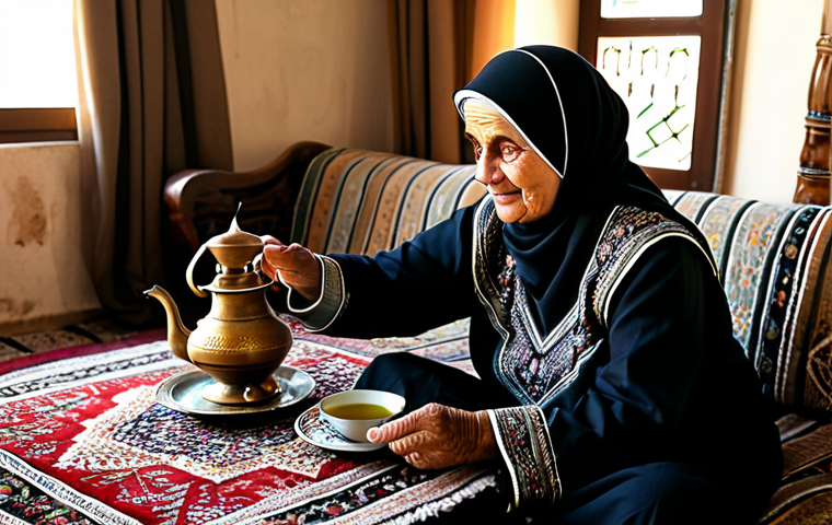 **A dignified elderly Palestinian woman, fully clothed in a modest, beautifully embroidered traditional Palestinian thobe, is gracefully seated in a warm, inviting traditional Palestinian living room. Sunlight streams through a window, highlighting authentic rugs and earthy decor. A steaming traditional brass tea kettle sits on a carved wooden side table. She is holding a small, decorated glass of 'Shai بالنعناع' (mint tea) with both hands, offering a gentle, welcoming gesture. The scene embodies hospitality and cultural warmth. Professional photography, high quality, perfect anatomy, correct proportions, natural pose, well-formed hands, proper finger count, natural body proportions, safe for work, appropriate content, family-friendly.**