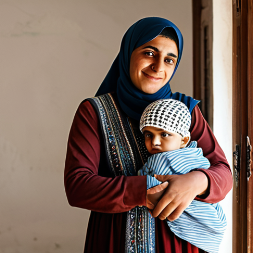 Home 24 A resilient Palestinian woman, depicted from the waist up, dressed in a modest, traditionally embroidered long dress and head covering. She stands in a sunlit, humble home, gently cradling a young child. Her expression is serene and reflects inner strength and enduring hope. The background shows a simple, well-maintained interior. Fully clothed, appropriate attire, safe for work, perfect anatomy, correct proportions, natural pose, professional photography, high quality, family-friendly, well-formed hands, proper finger count, natural body proportions, appropriate content.