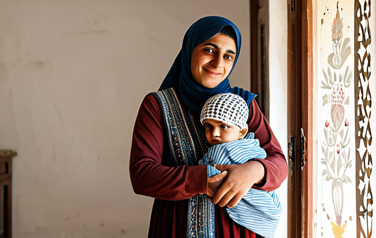 A resilient Palestinian woman, depicted from the waist up, dressed in a modest, traditionally embroidered long dress and head covering. She stands in a sunlit, humble home, gently cradling a young child. Her expression is serene and reflects inner strength and enduring hope. The background shows a simple, well-maintained interior. Fully clothed, appropriate attire, safe for work, perfect anatomy, correct proportions, natural pose, professional photography, high quality, family-friendly, well-formed hands, proper finger count, natural body proportions, appropriate content.