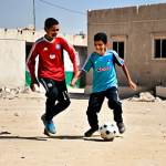 **

"A group of fully clothed Palestinian youth playing soccer in a refugee camp, modest clothing, safe for work, appropriate content, perfect anatomy, natural proportions, daytime, dust and sunlight, smiles, family-friendly, showcasing teamwork and determination, background of simple dwellings, professional photography, high quality, focus on the joy of the game."

**