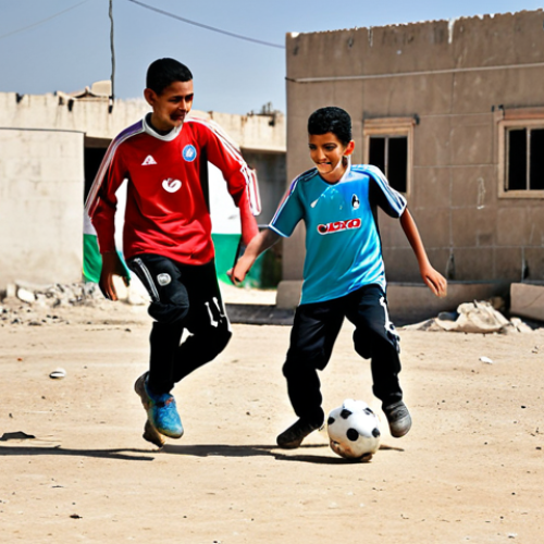 Home 23 **
"A group of fully clothed Palestinian youth playing soccer in a refugee camp, modest clothing, safe for work, appropriate content, perfect anatomy, natural proportions, daytime, dust and sunlight, smiles, family-friendly, showcasing teamwork and determination, background of simple dwellings, professional photography, high quality, focus on the joy of the game."
**