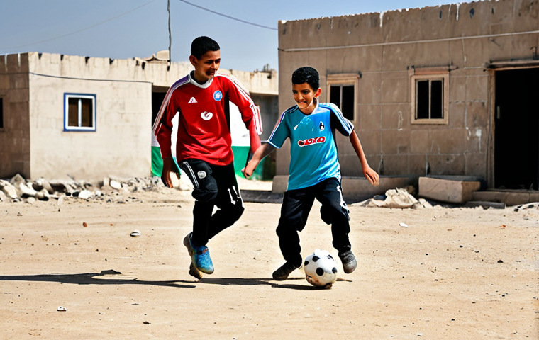 **

"A group of fully clothed Palestinian youth playing soccer in a refugee camp, modest clothing, safe for work, appropriate content, perfect anatomy, natural proportions, daytime, dust and sunlight, smiles, family-friendly, showcasing teamwork and determination, background of simple dwellings, professional photography, high quality, focus on the joy of the game."

**