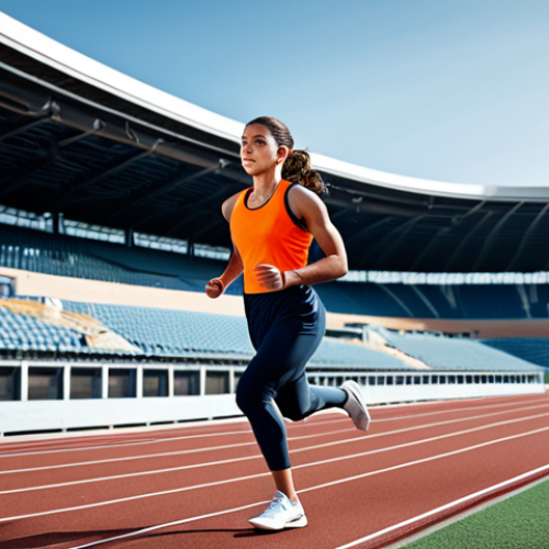 Home 22 **
A professional female athlete, fully clothed in modest athletic wear, running with determination on a track in a modern stadium, appropriate attire, safe for work, perfect anatomy, natural proportions, sports photography, high quality.
**