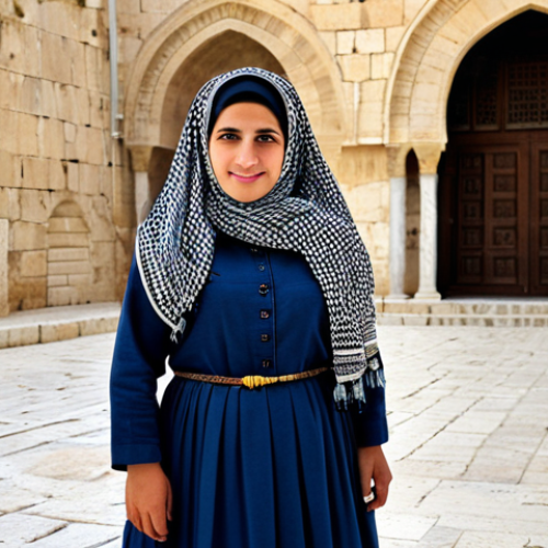 Home 9 A Palestinian Woman in Traditional Dress**
"A Palestinian woman in traditional, fully clothed dress, standing in front of a historical building in Jerusalem. Modest clothing, professional portrait, safe for work, appropriate content, perfect anatomy, natural proportions, family-friendly, high resolution, detailed."
**