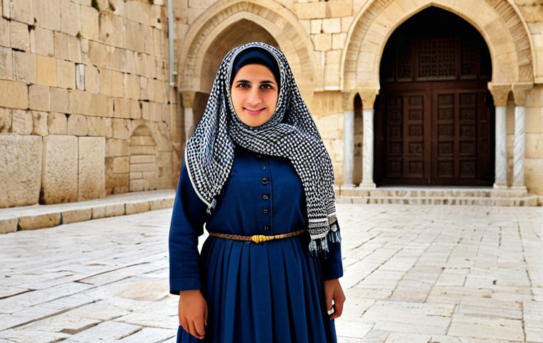 A Palestinian Woman in Traditional Dress**

"A Palestinian woman in traditional, fully clothed dress, standing in front of a historical building in Jerusalem.  Modest clothing, professional portrait, safe for work, appropriate content, perfect anatomy, natural proportions, family-friendly, high resolution, detailed."

**