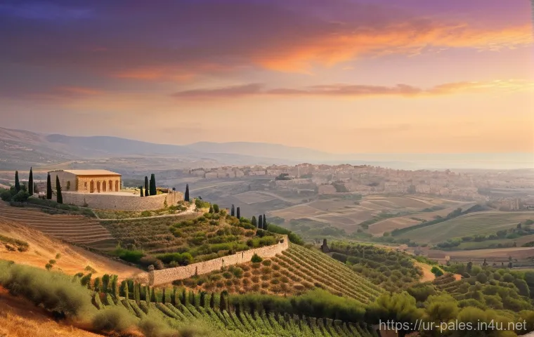 팔레스타인과 유대교의 역사적 연관성 - **Prompt:** A serene, panoramic view of the ancient Holy Land at golden hour, capturing rolling hill...