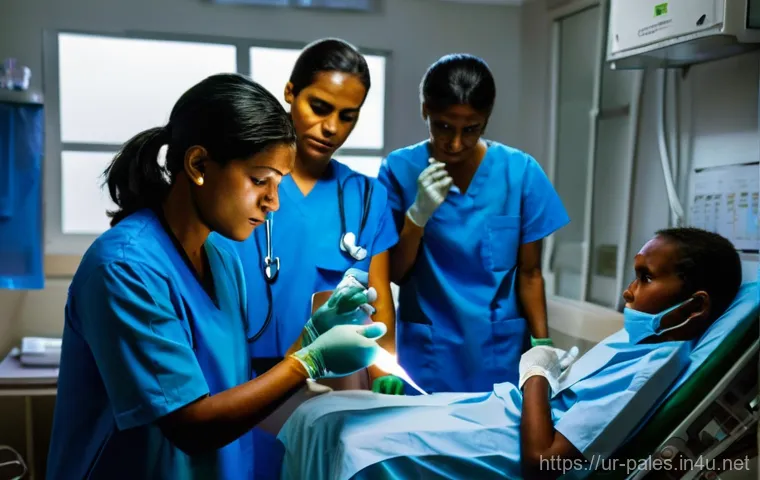 팔레스타인에서의 의료 시스템 - **Prompt:** A group of resilient, diverse medical professionals, including doctors and nurses, dilig...