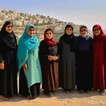 팔레스타인 국기와 그 상징 - **Prompt:** A serene and hopeful panoramic scene featuring a diverse group of Palestinians, spanning...