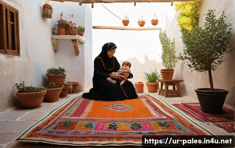 팔레스타인의 전통 가옥 - **Prompt:** "A sun-drenched courtyard in a traditional Palestinian home. A family is gathered, with ...