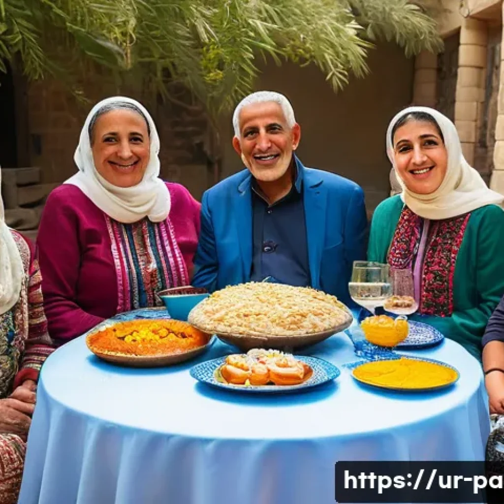 팔레스타인 민족성의 특징 - A vibrant Palestinian family gathering during a festive occasion, showcasing multi-generational memb...