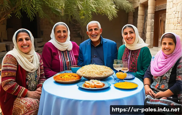 팔레스타인 민족성의 특징 - A vibrant Palestinian family gathering during a festive occasion, showcasing multi-generational memb...