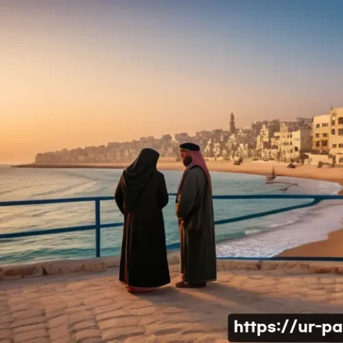 Home 33 팔레스타인 언어와 방언 - A vibrant street scene in Gaza featuring diverse Palestinian people engaging in friendly conversatio...