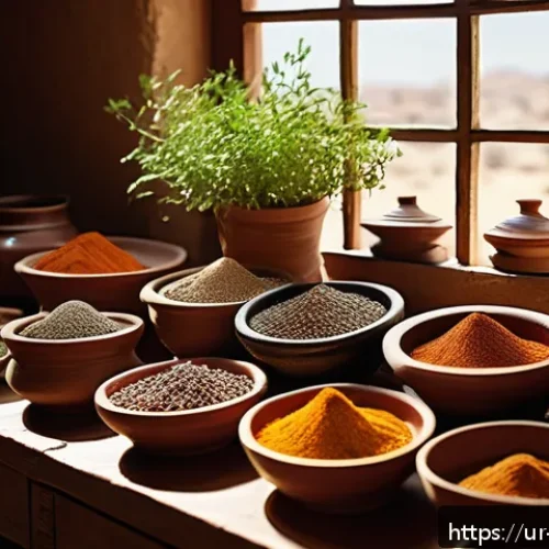 Home 31 팔레스타인 전통 향신료 - A vibrant traditional Palestinian kitchen scene featuring an array of fresh spices like cumin, coria...