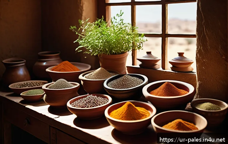팔레스타인 전통 향신료 - A vibrant traditional Palestinian kitchen scene featuring an array of fresh spices like cumin, coria...