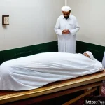 Home 23 팔레스타인 전통 장례식 - A respectful and solemn scene of a traditional Palestinian funeral preparation indoors: elderly wome...