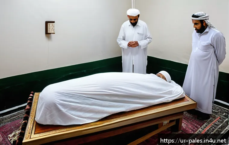 팔레스타인 전통 장례식 - A respectful and solemn scene of a traditional Palestinian funeral preparation indoors: elderly wome...
