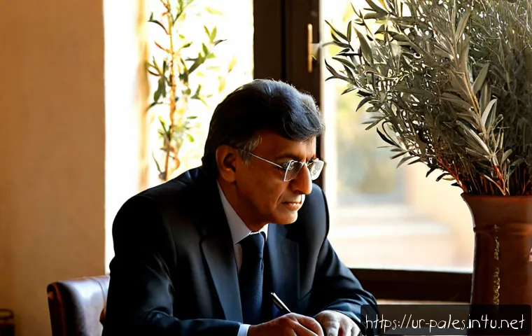 Home 17 팔레스타인 시인 마흐무드 다르위시 - Photorealistic literary portrait of Mahmoud Darwish as a distinguished Palestinian poet seated besid...