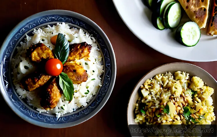 팔레스타인 전통 음식 - Photorealistic overhead food photography of a traditional Palestinian maqluba meal, an elegant upsid...